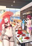 1boy 5girls :d animal_ears arknights ass bangs bare_arms bare_shoulders beach_umbrella bikini black_bikini blonde_hair blue_shirt bottle braid breasts brown_hair cowboy_shot crab cup detached_collar drinking_glass exusiai_(arknights) eyebrows_visible_through_hair eyjafjalla_(arknights) fire flame food from_behind hair_over_one_eye halo hat head_tilt highres horn huziyu ice ice_cube ifrit_(arknights) indoors kebab long_hair looking_at_viewer looking_back matterhorn_(arknights) medium_breasts miniskirt multiple_girls navel necktie off_shoulder open_clothes open_mouth open_shirt pink_bikini pink_eyes pointy_ears purple_bikini red_neckwear redhead see-through shirt short_sleeves skirt smile sora_(arknights) standing stomach striped striped_bikini sun_hat surfboard swimsuit table thighs twin_braids twintails umbrella very_long_hair vigna_(arknights) white_bikini wolf_ears 