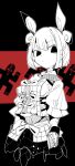  1girl armor armored_dress bangs black_background blunt_bangs breasts crack cropped_legs double_bun dress hair_ribbon haniwa_(statue) highres joutouguu_mayumi looking_at_viewer ma_sakasama medium_breasts monochrome red_background ribbon shirt short_hair short_sleeves solo touhou upper_body vambraces 