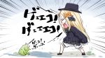  1girl abigail_williams_(fate/grand_order) animal bangs black_bow black_dress black_footwear black_headwear blonde_hair bloomers bow bug butterfly commentary_request crossed_bandaids dress emphasis_lines fate/grand_order fate_(series) frog from_side hair_bow hat highres insect long_hair long_sleeves mary_janes neon-tetora open_mouth orange_bow parted_bangs profile shoes sleeves_past_fingers sleeves_past_wrists solo standing translation_request underwear very_long_hair white_bloomers 