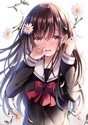  1girl bangs black_shirt blue_eyes blush bow brown_hair commentary_request eyebrows_visible_through_hair flower gradient gradient_background grey_background hair_between_eyes hands_up long_hair long_sleeves looking_at_viewer nose_blush open_mouth original petals red_bow sailor_collar sakura_hiyori school_uniform serafuku shirt solo twitter_username upper_body very_long_hair white_background white_flower white_sailor_collar 