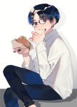  1boy black_pants blue_eyes blue_hair collared_shirt crossed_legs earrings eating food glasses hamburger hand_on_own_face highres holding holding_food jewelry looking_at_viewer male_focus nail_polish original pants ring shirt simple_background sitting white_shirt zumi_(neronero126) 