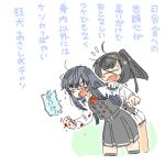  2girls ahoge akizuki_(kantai_collection) angry arm_grab asashio_(kantai_collection) bangs belt black_hair black_legwear black_sailor_collar black_skirt blood bloody_clothes blush buttons clenched_hands clothes_writing collared_shirt corset cropped_legs dress elite_unchi eyebrows_visible_through_hair flying_sweatdrops frown glaring gloves hachimaki headband kantai_collection leaning_forward long_hair long_sleeves lowres miniskirt motion_lines multiple_girls neck_ribbon open_mouth pinafore_dress pleated_skirt ponytail red_neckwear remodel_(kantai_collection) ribbon sailor_collar shirt shoulder_grab skirt speech_bubble sweat thigh-highs translated upper_teeth white_shirt white_skirt 