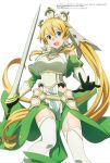  1girl absurdres artist_request bare_shoulders blonde_hair blush braid breasts dress garter_straps green_eyes highres leafa long_hair looking_at_viewer megami official_art pointy_ears ponytail shiny shiny_hair simple_background smile solo standing sword sword_art_online sword_art_online_alicization thigh-highs twin_braids very_long_hair weapon white_background white_legwear 