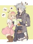  1boy 1girl ?? animal_ears black_gloves blonde_hair blue_eyes book djeeta_(granblue_fantasy) dress erune food gloves granblue_fantasy headband highres holding holding_book jacket mask mole mole_under_eye open_mouth pink_dress saaaan_1 short_hair silver_hair six_(granblue_fantasy) thigh-highs yellow_eyes 