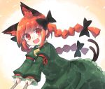  1girl animal_ear_fluff animal_ears bangs bell black_bow blunt_bangs bow braid cat_day cat_ears cat_tail commentary dress frills green_dress hair_bow juliet_sleeves kaenbyou_rin kibisake long_hair long_sleeves looking_at_viewer multiple_tails open_mouth outstretched_arms pointy_ears puffy_sleeves pushing red_eyes redhead slit_pupils smile solo tail touhou twin_braids twintails two_tails upper_body 