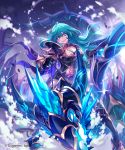  1girl armor bangs blue_eyes blue_hair dragon dragon_riding facial_mark gauntlets hair_between_eyes highres lee_hyeseung long_hair midriff navel official_art open_mouth pauldrons shingeki_no_bahamut solo 