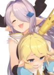  2girls :d ^_^ bangs bare_shoulders blonde_hair blue_dress blue_eyes blush braid charlotta_fenia closed_eyes commentary crown crown_removed curled_horns draph dress eyebrows_visible_through_hair granblue_fantasy hair_over_one_eye harvin holding horns long_hair mini_crown multiple_girls narmaya_(granblue_fantasy) o_(rakkasei) open_mouth pointy_ears puffy_short_sleeves puffy_sleeves purple_hair shaded_face short_sleeves simple_background sleeveless smile white_background 