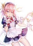  1boy aaeru alternate_costume apron astolfo_(fate) bangs blush braid commentary_request cup enmaided eyebrows_visible_through_hair fang fate/apocrypha fate_(series) hair_between_eyes highres long_hair looking_at_viewer maid maid_apron maid_dress male_focus open_mouth otoko_no_ko pink_hair single_braid smile teacup violet_eyes white_apron 