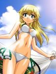  1girl actas_(studio) anzio_(emblem) ass_visible_through_thighs bangs beach_towel bikini blonde_hair blue_sky breasts carpaccio_(girls_und_panzer) closed_mouth clouds cloudy_sky commentary_request cute dutch_angle emblem eyebrows_visible_through_hair frilled_bikini frills girls_und_panzer green_eyes holding holding_towel lens_flare long_hair looking_at_viewer media_factory medium_breasts navel oosaka_kanagawa outdoors side-tie_bikini sky smile solo standing swimsuit towel white_bikini wind 