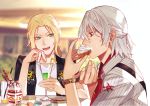  2boys antonio_salieri_(fate/grand_order) bendy_straw blonde_hair contemporary drink drinking_straw eating fate/grand_order fate_(series) food green_eyes grey_hair hair_down half_updo long_hair male_focus multiple_boys parfait pinstripe_shirt red_eyes sindri suspenders sweets watch watch wolfgang_amadeus_mozart_(fate/grand_order) 