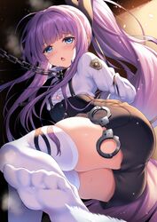  1girl arms_behind_back ass azur_lane bangs black_shorts blue_eyes blush bound bound_arms breasts chain chestnut_mouth collar collared_shirt cuffs dress_shirt feet high-waist_shorts highres legs long_hair long_sleeves looking_at_viewer lying on_side open_mouth ponytail raiou restrained shirt shorts sidelocks small_breasts soles solo suspender_shorts suspenders tashkent_(azur_lane) tashkent_(the_bound_cruiser)_(azur_lane) thigh-highs white_legwear white_shirt 