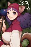  1girl animal_ears breasts closed_mouth curly_hair dragon_quest dragon_quest_ii dress harumaki hood long_hair looking_at_viewer princess_of_moonbrook purple_hair smile solo staff 