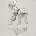  1girl ball bent_over from_behind full_body headband kneehighs kneepits looking_afar midriff monochrome original pleated_skirt ponytail racket shoes sketch skirt sneakers solo sportswear spot_color tennis tennis_ball tennis_racket tennis_uniform xavier_houssin 