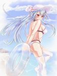  1girl bare_shoulders beach bikini blue_sky blush clouds day eyebrows_visible_through_hair fate/grand_order fate_(series) frown halterneck hat hat_ribbon highres holding holding_innertube innertube long_hair looking_at_viewer looking_back ocean red_eyes red_ribbon ribbon silver_hair sky solo sun_hat swimsuit thigh-highs tomoe_gozen_(fate/grand_order) very_long_hair white_bikini white_headwear white_legwear yahan_(mctr5253) 