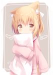  1girl absurdres animal_ear_fluff animal_ears bangs blush brown_eyes closed_mouth commentary_request drawn_wings eyebrows_visible_through_hair grey_background hair_between_eyes hair_ribbon highres light_brown_hair long_sleeves looking_at_viewer miike-chan nakkar original pillow pillow_hug pink_sweater ribbon sailor_collar sleeves_past_fingers sleeves_past_wrists smile solo sparkle sweater tail two-tone_background upper_body white_background white_ribbon white_sailor_collar 