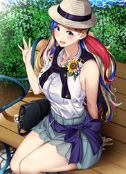  1girl absurdres alternate_costume bag bench blonde_hair blue_eyes blue_hair blush breasts bush chibi commandant_teste_(kantai_collection) eyebrows_visible_through_hair eyewear_on_head hair_between_eyes hair_ornament hat highres kantai_collection large_breasts long_hair looking_at_viewer multicolored_hair obei_teitoku open_mouth redhead richelieu_(kantai_collection) scarf shirt sitting skirt sleeveless sleeveless_shirt smile solo streaked_hair sunglasses white_hair 