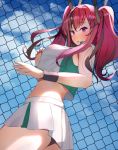  1girl aa44 ass azur_lane black_panties breasts bremerton_(azur_lane) bremerton_(scorching-hot_training)_(azur_lane) chain-link_fence clouds commentary_request crop_top crop_top_overhang day fence from_behind from_below hair_between_eyes hair_ornament hairclip highres large_breasts long_hair looking_at_viewer midriff miniskirt multicolored_hair panties pink_eyes pink_hair shirt skirt sleeveless sleeveless_shirt sportswear streaked_hair sweatband tennis_uniform twintails two-tone_shirt underwear upskirt white_skirt 