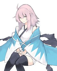  1girl ahoge alternate_hairstyle artist_request bare_shoulders black_scarf fate/grand_order fate_(series) hair_down haori highres japanese_clothes kimono koha-ace looking_at_viewer okita_souji_(fate) okita_souji_(fate)_(all) pink_hair scarf shinsengumi short_kimono sleeveless sleeveless_kimono smile solo white_kimono yellow_eyes 