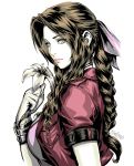  1girl aerith_gainsborough artist_request bangs braid breast_pocket breasts brown_hair eyebrows_visible_through_hair final_fantasy final_fantasy_vii final_fantasy_vii_remake flower green_eyes hand_up highres jacket jewelry lips long_hair looking_at_viewer makeup medium_breasts open_clothes open_jacket parted_bangs pink_lips pocket red_jacket short_sleeves sidelocks signature simple_background single_braid solo tied_hair upper_body white_background wristband 