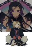  2boys 2girls ^_^ anger_vein animal_print bangs black_hair black_headwear blonde_hair butterfly_print closed_eyes closed_fan douma_(kimetsu_no_yaiba) facing_viewer fan folding_fan gradient_hair green_eyes haori hashibira_inosuke hat hat_removed headwear_removed highres holding holding_fan jacket japanese_clothes katana kimetsu_no_yaiba kochou_shinobu long_hair looking_at_viewer looking_to_the_side multicolored_hair multiple_boys multiple_girls pants print_jacket short_hair side_ponytail smile sweat sword thick_eyebrows tsuyuri_kanao violet_eyes weapon white_pants yai_(href2733) 