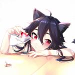  1girl ahoge animal_ears bare_arms black_hair blush cocktail_glass commentary_request cup dated drinking_glass ejami ekko_(ejami) food fox_ears fox_girl fruit hair_between_eyes long_hair looking_at_viewer original red_eyes signature simple_background solo spoon strawberry white_background 