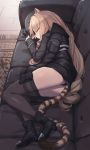  animal_ears arknights bee_(deadflow) black_jacket boots brown_hair closed_eyes couch hat highres jacket jacket_on_shoulders long_hair on_couch pouch rug sleeping swire_(arknights) tail tail_ring thigh-highs tiger_ears tiger_girl tiger_tail 
