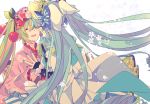  2girls aqua_hair blue_bow blue_dress blue_nails bow cherry_blossoms cherry_hair_ornament closed_eyes commentary dress dress_bow dual_persona floral_background floral_print flower food_themed_hair_ornament green_hair hair_bow hair_flower hair_ornament hands_together hatsune_miku japanese_clothes kimono multiple_girls nail_polish open_mouth pink_kimono smile symbol_commentary upper_body vocaloid white_background yoshiki 