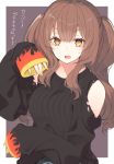  1girl :d black_sweater brown_background brown_eyes brown_hair fangs fingernails flame_print hand_up highres kouhai_(nekoume) long_hair long_sleeves looking_at_viewer multicolored multicolored_eyes nekoume open_mouth original print_sweater shoulder_cutout simple_background sleeves_past_wrists smile solo striped sweater translated two_side_up upper_body vertical_stripes yellow_eyes yellow_nails 