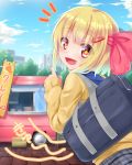  +_+ 1girl :d alternate_costume arm_up bag bangs banner barrette blonde_hair blue_sailor_collar blue_sky blurry blurry_background carrying_over_shoulder cityscape clouds commentary_request crepe day eyebrows_visible_through_hair fang food food_truck hair_ribbon highres hungry looking_at_viewer looking_back notice_lines open_mouth outdoors plaid plaid_skirt pointing red_eyes ribbon rody_(hayama_yuu) rumia sailor_collar school_bag school_uniform sett short_hair sign skin_fang skirt sky sleeves_past_wrists smile solo sparkle standing stomach_growling sweater touhou upper_body yellow_sweater 