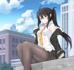  1girl ahoge bare_shoulders black_hair black_jacket blue_eyes blurry breasts brown_legwear brown_shorts closed_mouth closers clouds collared_shirt commentary_request day depth_of_field feet_out_of_frame fur_trim gomrang hand_up highres jacket long_hair long_sleeves looking_at_viewer medium_breasts necktie off_shoulder open_clothes open_jacket outdoors pantyhose ponytail seri_lee shirt short_shorts shorts sidelocks sitting sky sleeveless sleeveless_shirt solo white_shirt 