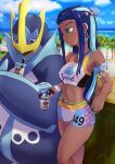  1girl armlet artist_name beach bellaraika belly_chain blue_eyeshadow blue_gloves blue_hair blue_neckwear blue_sky blurry blurry_background bubble_tea clouds cloudy_sky commentary cup dark_skin day depth_of_field disposable_cup drinking_straw earrings empoleon eyelashes eyeliner eyeshadow gen_4_pokemon gloves green_eyes gym_leader hair_bun highres holding holding_cup hoop_earrings jewelry logo long_hair looking_at_another makeup multicolored_hair nail_polish navel necklace ocean outdoors palm_tree parted_lips pokemon pokemon_(creature) pokemon_(game) pokemon_swsh rurina_(pokemon) signature single_glove sky standing swimsuit tankini tied_hair tree two-tone_hair wooden_railing wristband 