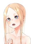  1girl abigail_williams_(fate/grand_order) absurdres bangs blonde_hair blue_eyes blush breasts collarbone fate/grand_order fate_(series) forehead highres kopaka_(karda_nui) long_hair looking_at_viewer open_mouth parted_bangs simple_background small_breasts solo white_background 