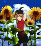  1girl annin_musou arms_up black_headwear blurry blurry_background blush brown_eyes brown_hair clouds fingerless_gloves flower gloves grin hair_between_eyes hair_ornament hairclip kantai_collection long_hair low_twintails no_scarf pantyhose papakha red_shirt shirt sky smile solo star sunflower tashkent_(kantai_collection) twintails 