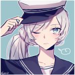  1girl adjusting_clothes adjusting_hat bangs blue_background blue_eyes blue_sailor_collar blue_shirt closed_mouth collarbone collared_shirt ecru eyebrows_visible_through_hair frown hat long_hair looking_at_viewer one_eye_closed portrait rwby sailor_collar sailor_shirt scar scar_across_eye shirt silver_hair smile solo swept_bangs weiss_schnee white_headwear 