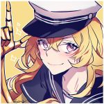  1girl blonde_hair blue_sailor_collar blue_shirt closed_mouth collarbone collared_shirt ecru hair_between_eyes index_finger_raised long_hair looking_at_viewer prosthesis prosthetic_arm rwby sailor_collar sailor_shirt shirt short_sleeves signature simple_background smile solo violet_eyes yang_xiao_long yellow_background 
