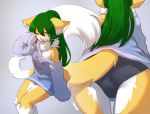  1girl animal_ears ass blush cat_ears cat_paws cat_tail furry green_eyes green_hair long_hair long_sleeves looking_at_viewer multiple_views one_eye_closed original parted_lips paws sleeves_past_wrists sollyz sweater tail tired very_long_hair whiskers 