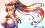  02sajita 1girl bangs bare_shoulders breasts brown_eyes brown_hair cherry_blossoms commentary_request detached_sleeves eyebrows_visible_through_hair falling_petals hair_between_eyes hair_ornament headgear high_ponytail highres kantai_collection large_breasts long_hair looking_at_viewer open_mouth shirt sidelocks smile solo white_background white_shirt yamato_(kantai_collection) 
