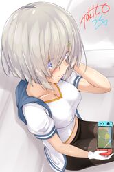  1girl black_legwear blue_eyes blush breasts covered_nipples doubutsu_no_mori game_console gloves hair_ornament hairclip hamakaze_(kantai_collection) highres hood hoodie kantai_collection large_breasts looking_at_viewer nintendo_switch pantyhose playing_games shirt short_hair short_sleeves silver_hair solo tokito_yu white_gloves white_shirt 