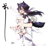  1boy 1girl animal_ears bare_legs barefoot black_hair blood blush breasts dated ejami ekko_(ejami) fang feet fox_ears fox_girl fox_tail hair_between_eyes jacket long_hair long_sleeves original red_eyes shirt signature simple_background sitting_on_shoulder smile tail translation_request white_background white_hair white_jacket 