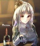  1girl alcohol breasts brown_hair character_request cup drinking gloves hat long_hair looking_at_viewer moscow_(warships_girls_r) moskva_(warship_girls_r) red_star silver_hair simple_background solo tokyoha1 vodka warship_girls_r 