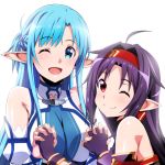  2girls absurdres ahoge airando asuna_(sao) asuna_(sao-alo) bare_shoulders blue_eyes blue_hair braid breasts detached_sleeves fingerless_gloves fingernails from_behind gloves highres holding_hands huge_filesize large_breasts long_hair looking_at_viewer multiple_girls one_eye_closed open_mouth pointy_ears purple_hair red_eyes simple_background single_braid smile sword_art_online white_background yuuki_(sao) 