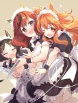  3girls absurdres alternate_costume animal_ears black_hair brown_eyes brown_hair closed_eyes commentary enmaided fang highres horse_ears horse_girl long_hair looking_at_viewer maid maid_headdress marvelous_sunday_(umamusume) mayano_top_gun_(umamusume) multiple_girls nice_nature_(umamusume) one_eye_closed open_mouth ouri_(aya_pine) simple_background symbol_commentary tray twintails two_side_up umamusume 