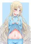 1girl absurdres blonde_hair blue_background blue_pants blue_shirt blush civia closed_mouth ctrl+z highres hololive horn lifted_by_self long_hair looking_to_the_side navel pajamas pants shirt shirt_lift simple_background solo very_long_hair violet_eyes virtual_youtuber 