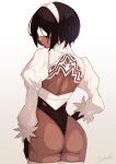  1girl ass back black_hair blindfold darahan dark-skinned_female dark_skin hairband leotard nier_(series) nier_automata puffy_sleeves short_hair simple_background solo soulcalibur soulcalibur_vi thigh-highs white_background white_legwear yorha_type_p_no._2 