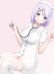  1girl absurdres bad_id bad_pixiv_id bangs bed_sheet blue_eyes blush breasts buttons closed_mouth dutch_angle gradient gradient_background hair_ornament hairclip hat highres holding large_breasts nurse nurse_cap original outline pink_background short_hair short_sleeves silver_hair sitting smile solo stethoscope suzuharu_toufu swept_bangs thigh-highs white_legwear white_outline zettai_ryouiki 