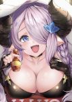 1girl :d absurdres asymmetrical_gloves bangs bare_shoulders bed black_choker black_gloves blanket blue_eyes blush braid breasts choker collarbone commentary_request draph elbow_gloves eyelashes fangs fingernails gloves granblue_fantasy hair_between_eyes hair_over_one_eye highres horns huge_breasts hyouta_(yoneya) large_breasts lavender_hair long_hair looking_at_viewer low_tied_hair lying nail_polish narmaya_(granblue_fantasy) on_stomach one_eye_covered open_mouth pink_hair pink_nails pointy_ears potion sidelocks single_braid sleeveless smile solo tongue under_covers upper_teeth