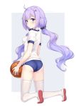 1girl ahoge azur_lane ball basketball blue_buruma blush breasts buruma commentary_request eyebrows_visible_through_hair gym_shirt gym_uniform hair_between_eyes hair_ornament hair_scrunchie highres holding holding_ball kneeling long_hair looking_at_viewer looking_to_the_side medium_breasts purple_hair scrunchie shirt shoes short_sleeves smile solo sport thigh-highs twintails unicorn_(azur_lane) uwabaki violet_eyes white_legwear white_shirt yamasan