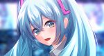  1girl :d bangs blue_eyes blue_hair blurry blurry_background blush commentary eyebrows_visible_through_hair hair_between_eyes hair_ornament hatsune_miku long_hair looking_at_viewer open_mouth portrait shiny shiny_hair smile solo souyoru twintails vocaloid wing_collar 