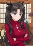  1girl bangs bedroom black_bow blue_eyes blurry blurry_background blush bow breasts brown_hair crossed_arms eyebrows_visible_through_hair fate/stay_night fate_(series) hair_bow hair_intakes highres huangyan9786 indoors long_hair long_sleeves medium_breasts parted_lips red_sweater shiny shiny_hair solo sweater tohsaka_rin toosaka_rin twintails twitter_username type_moon ufotable upper_body very_long_hair watermark 
