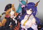  3girls :d animal_ears aqua_eyes aqua_hair arknights bandaid bandaid_on_cheek bandaid_on_forehead bangs bare_shoulders belt black_gloves black_headwear black_jacket blue_hair blush bow bowtie breast_hold breasts brown_eyes brown_hair ch&#039;en_(arknights) commentary_request crossed_arms dragon_horns dragon_tail drill_hair drill_locks eyebrows_visible_through_hair gloves gradient gradient_background green_eyes hair_between_eyes hat horn horns hoshiguma_(arknights) jacket kakeru_(kakeru) long_hair long_sleeves looking_at_viewer low_twintails multiple_girls necktie off_shoulder oni oni_horn open_mouth peaked_cap revision sidelocks smile swire_(arknights) tail tiger_ears tiger_tail translated twintails upper_body very_long_hair wing_collar yellow_bow yellow_neckwear 